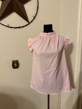 Pink Gingham Ruffle Mock-Neck Sleeveless Blouse